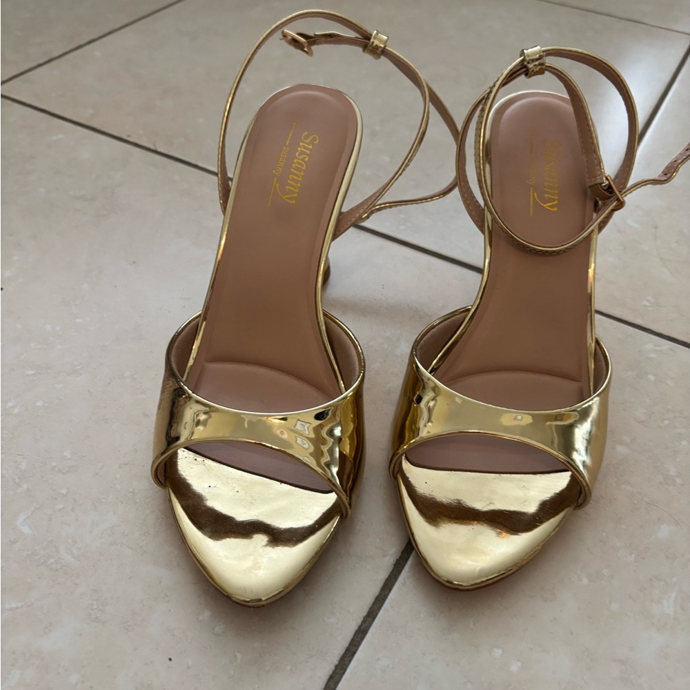 Gold Metallic Open-Toe Slingback Heels by